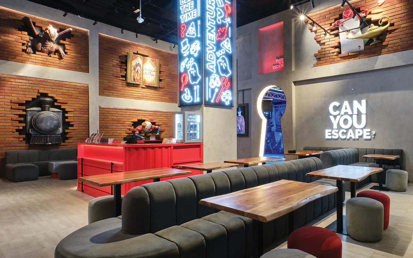 A branded GAME OVER reception and waiting area